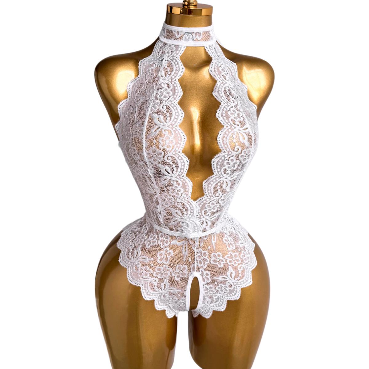 Lace Teddy Lingerie - Lencería de encaje floral con cuello