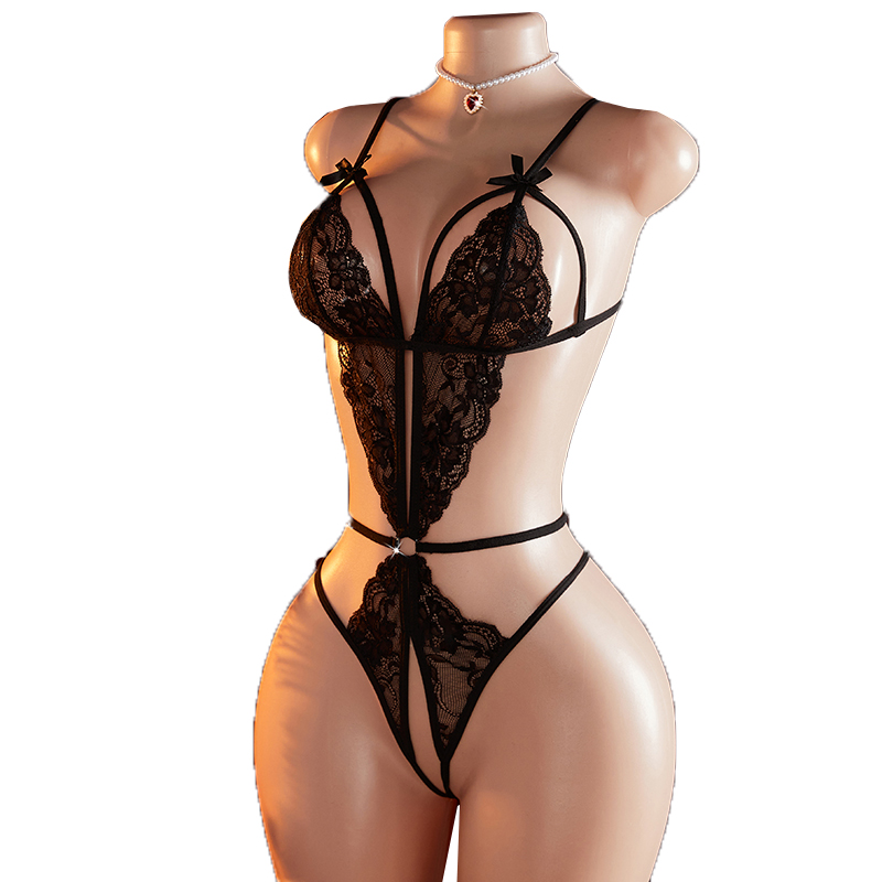 Lace Teddy Lingerie - Lencería transparente de encaje negro hueco